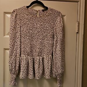 Smocked Peplum Long-Sleeve Blouse in Cream with Purple Print